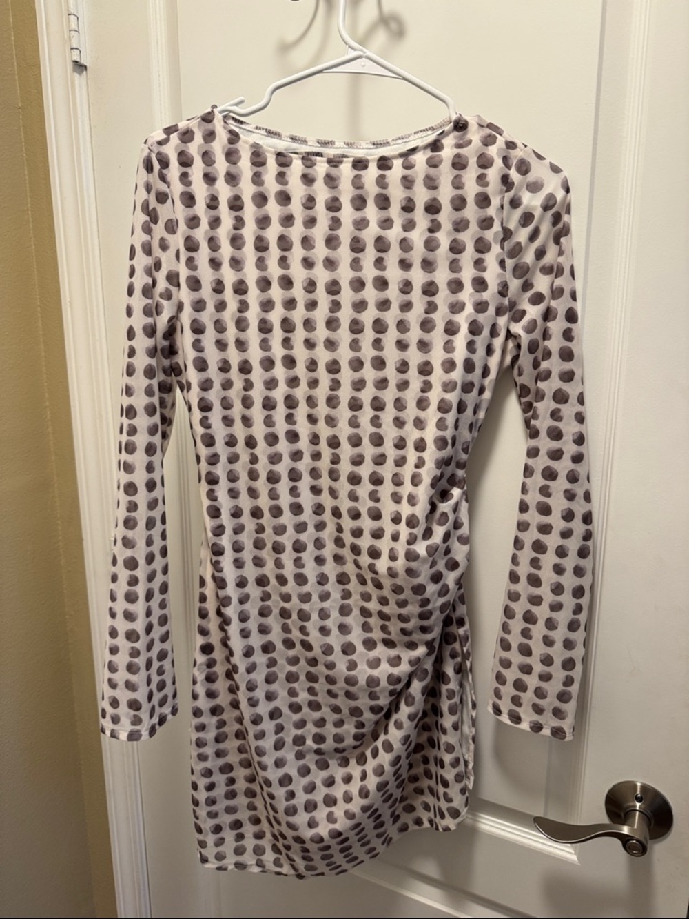 Long Sleeve Polka Dot Bodycon Dress - Cream & Taupe